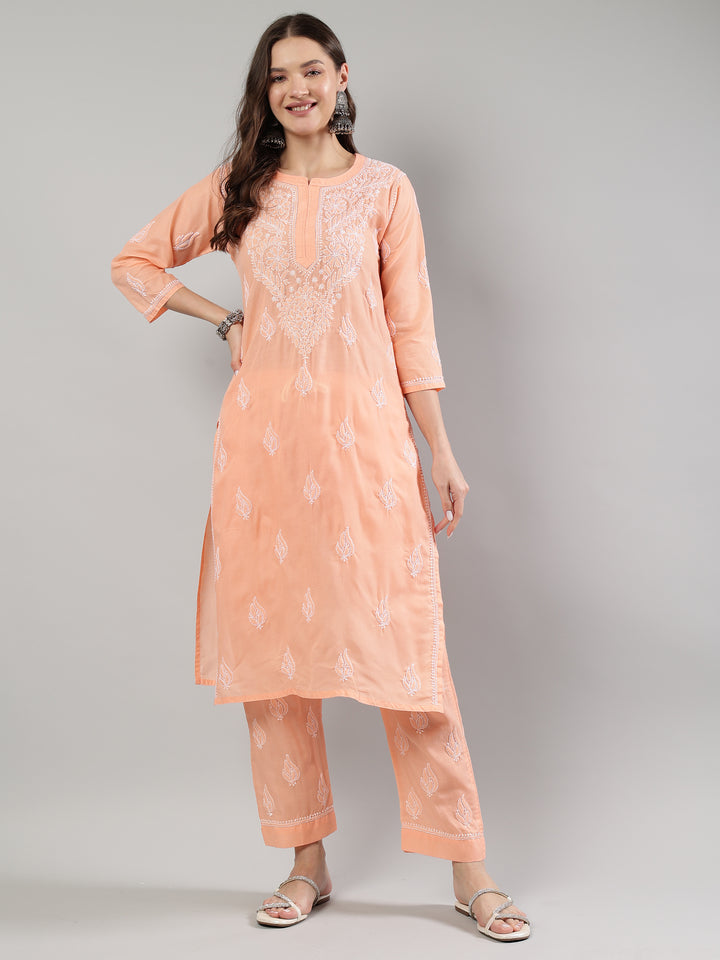 Peach-Cotton-Chikankari-Kurta-Set