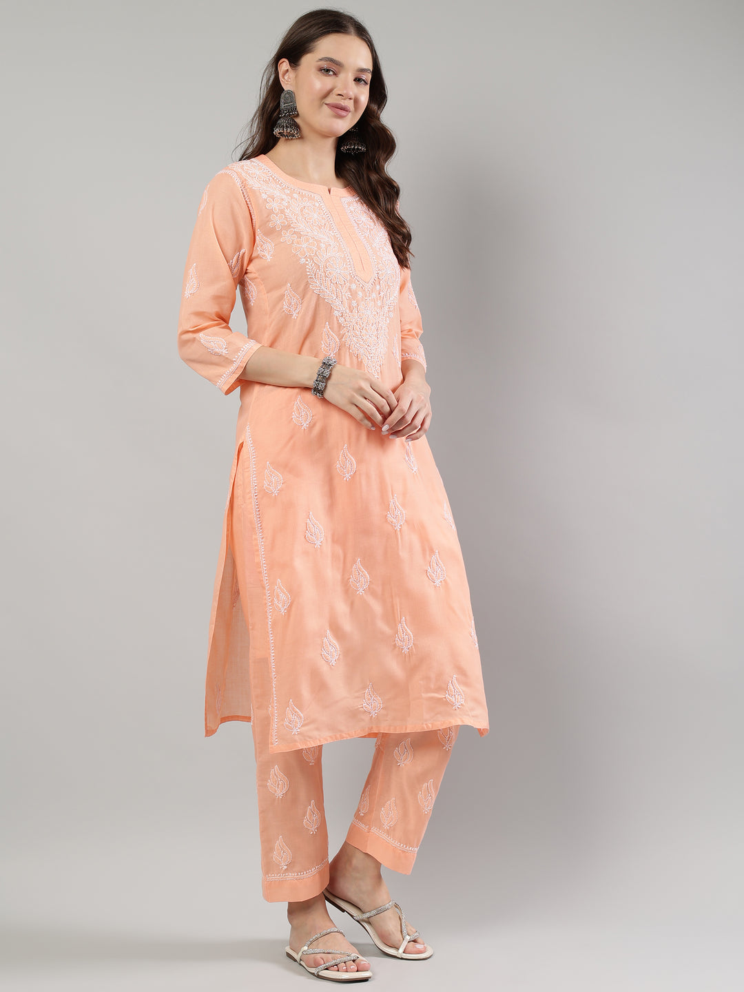 Peach-Cotton-Chikankari-Kurta-Set