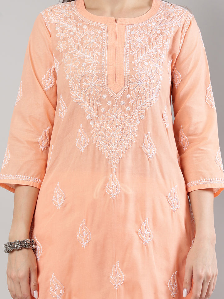 Peach-Cotton-Chikankari-Kurta-Set
