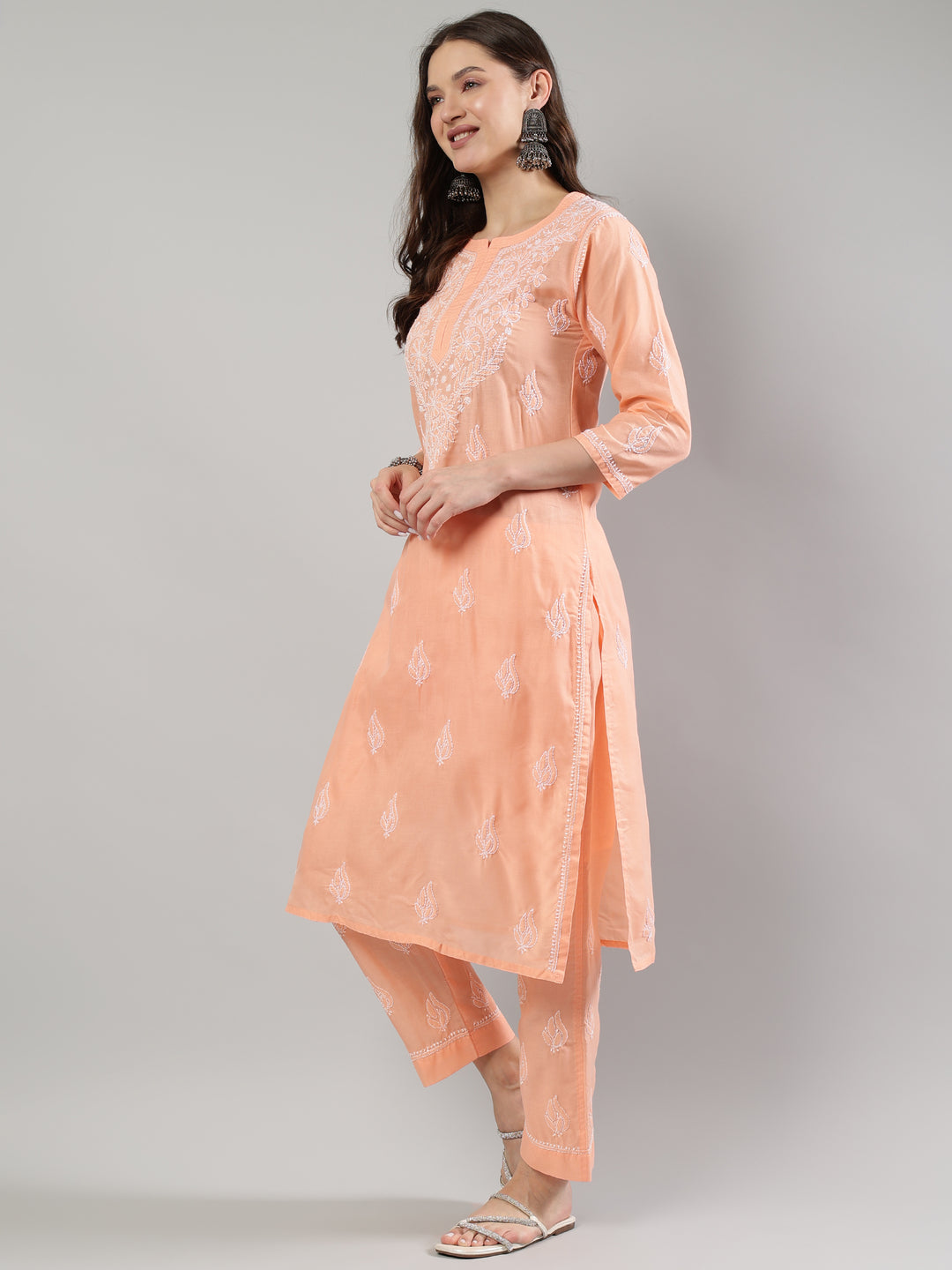 Peach-Cotton-Chikankari-Kurta-Set