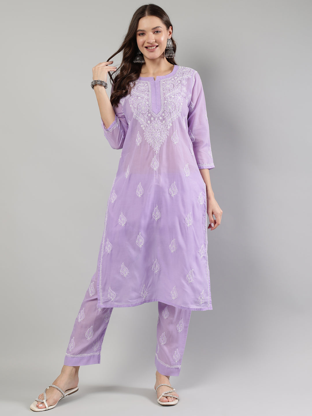 Mauve-Cotton-Embroidered-Lucknowi-Chikankari-Kurta-Set