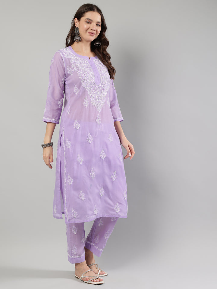 Mauve-Cotton-Embroidered-Lucknowi-Chikankari-Kurta-Set