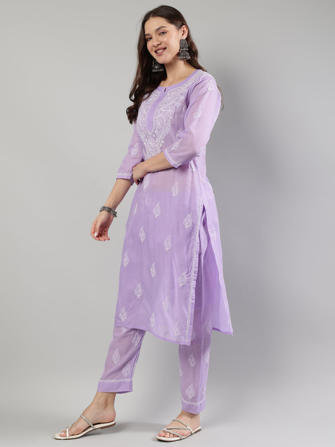 Mauve-Cotton-Embroidered-Lucknowi-Chikankari-Kurta-Set