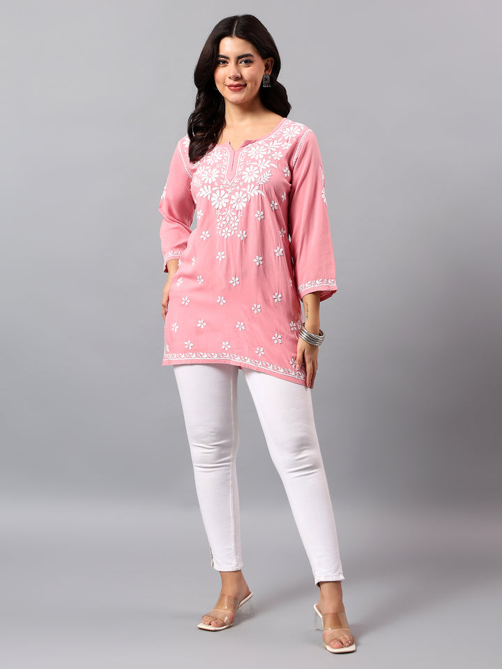 Peach Rayon Lucknowi Chikankari Tunic Only