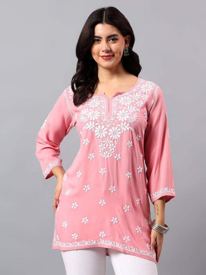Peach Rayon Lucknowi Chikankari Tunic Only