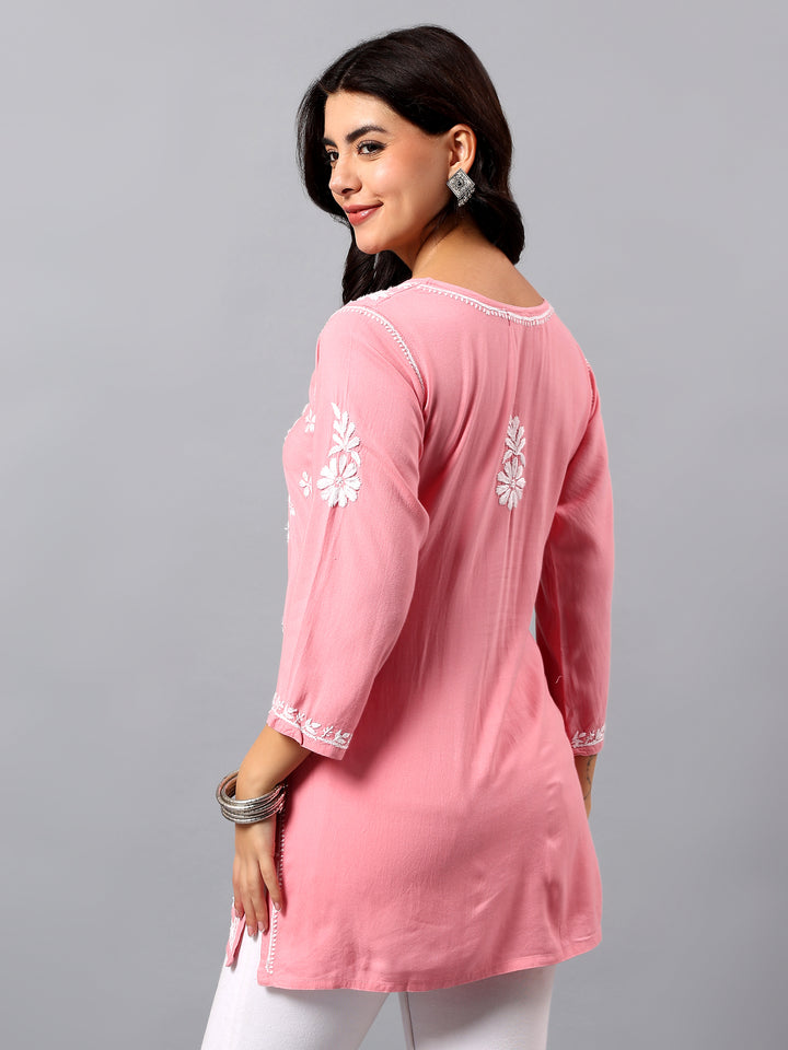 Peach Rayon Lucknowi Chikankari Tunic Only