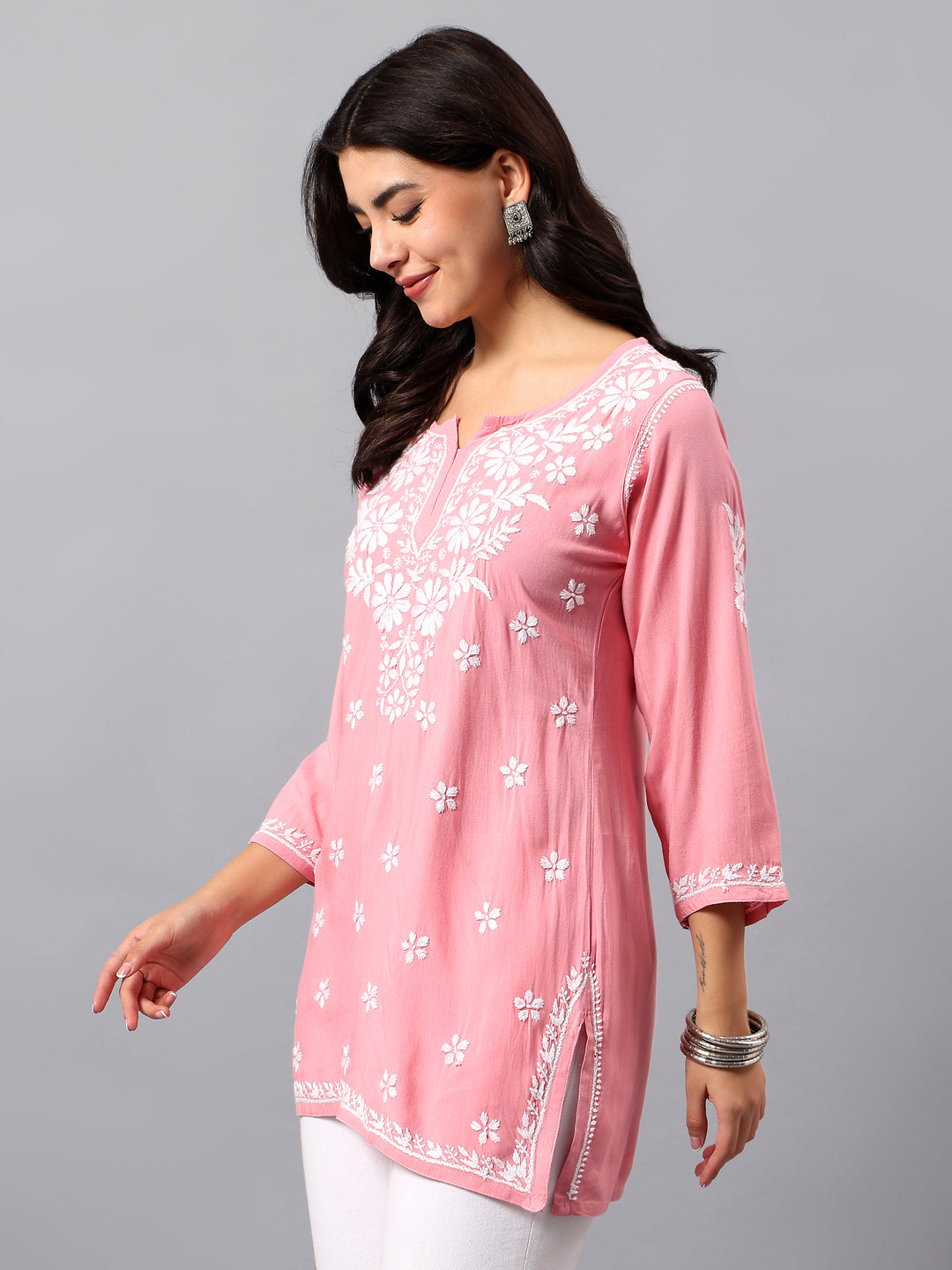 Peach Rayon Lucknowi Chikankari Tunic Only