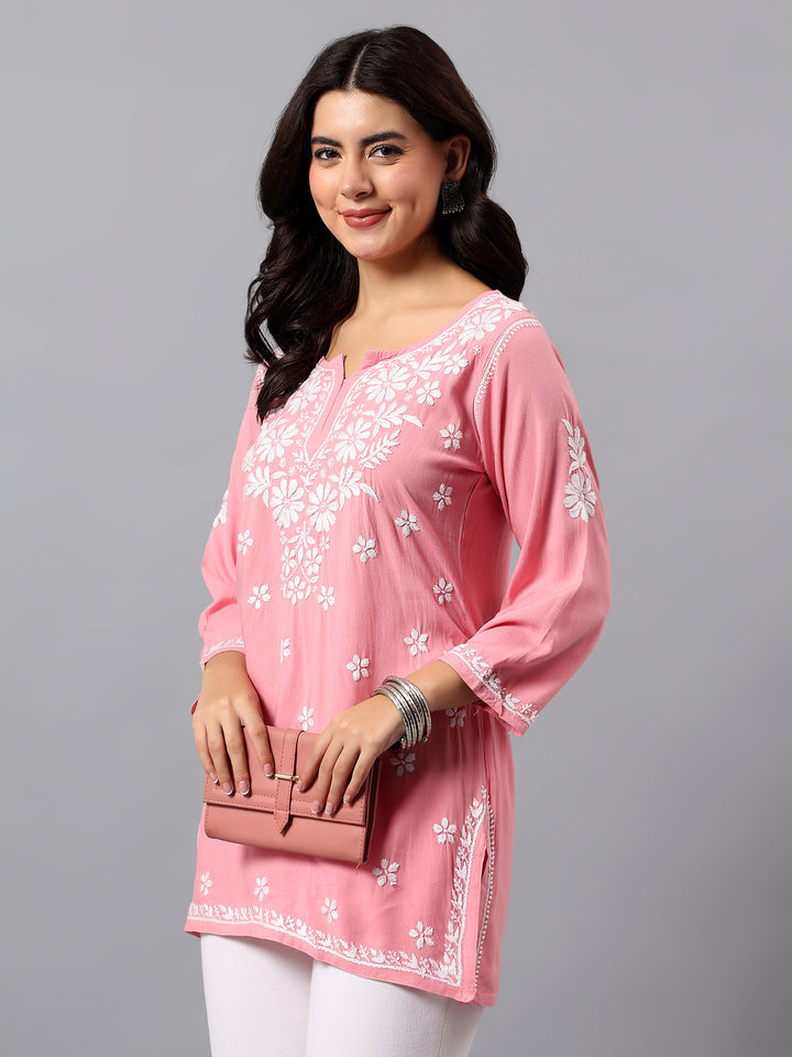 Peach Rayon Lucknowi Chikankari Tunic Only