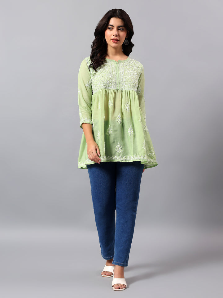 Green Terivoil Lucknowi Chikankari Tunic Only