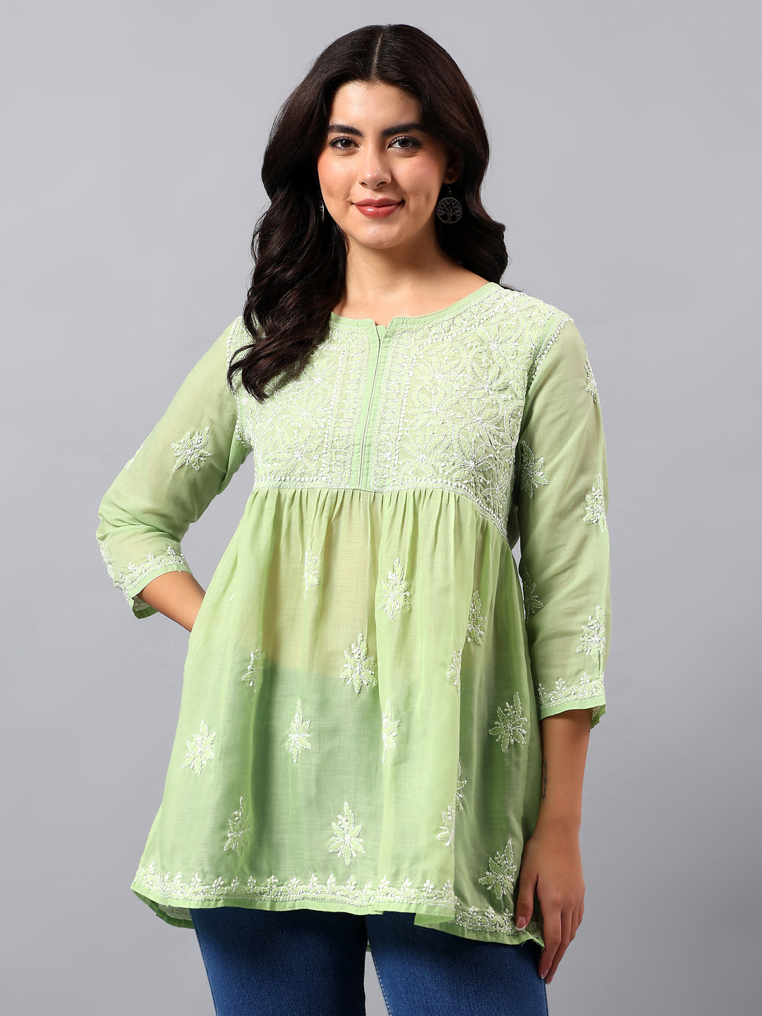 Green Terivoil Lucknowi Chikankari Tunic Only