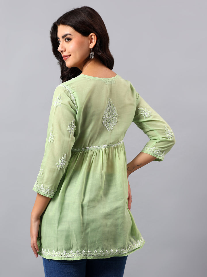 Green Terivoil Lucknowi Chikankari Tunic Only