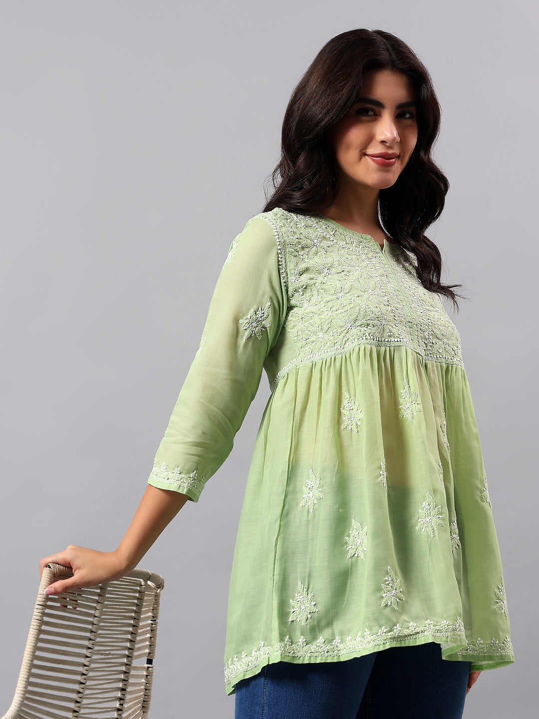 Green Terivoil Lucknowi Chikankari Tunic Only