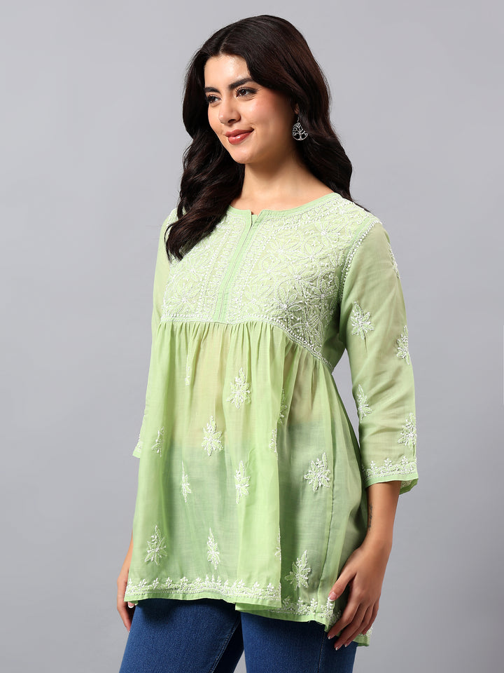 Green Terivoil Lucknowi Chikankari Tunic Only