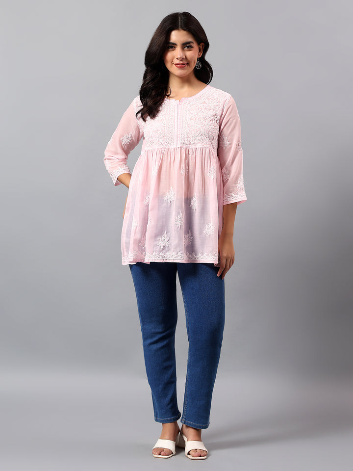 Pink Terivoil Lucknowi Chikankari Tunic Only
