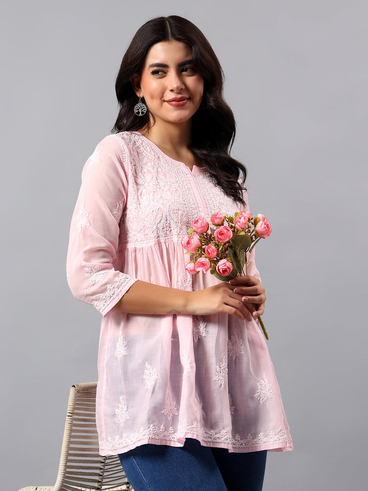 Pink Terivoil Lucknowi Chikankari Tunic Only