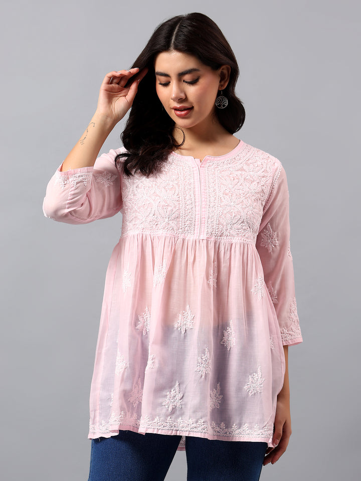 Pink Terivoil Lucknowi Chikankari Tunic Only