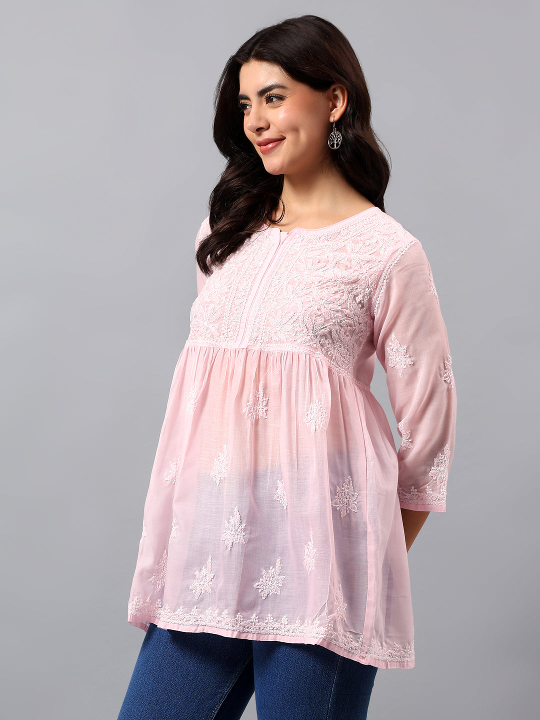 Pink Terivoil Lucknowi Chikankari Tunic Only