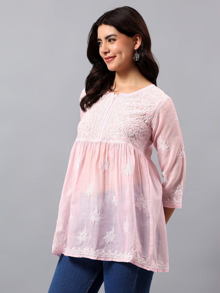 Pink Terivoil Lucknowi Chikankari Tunic Only