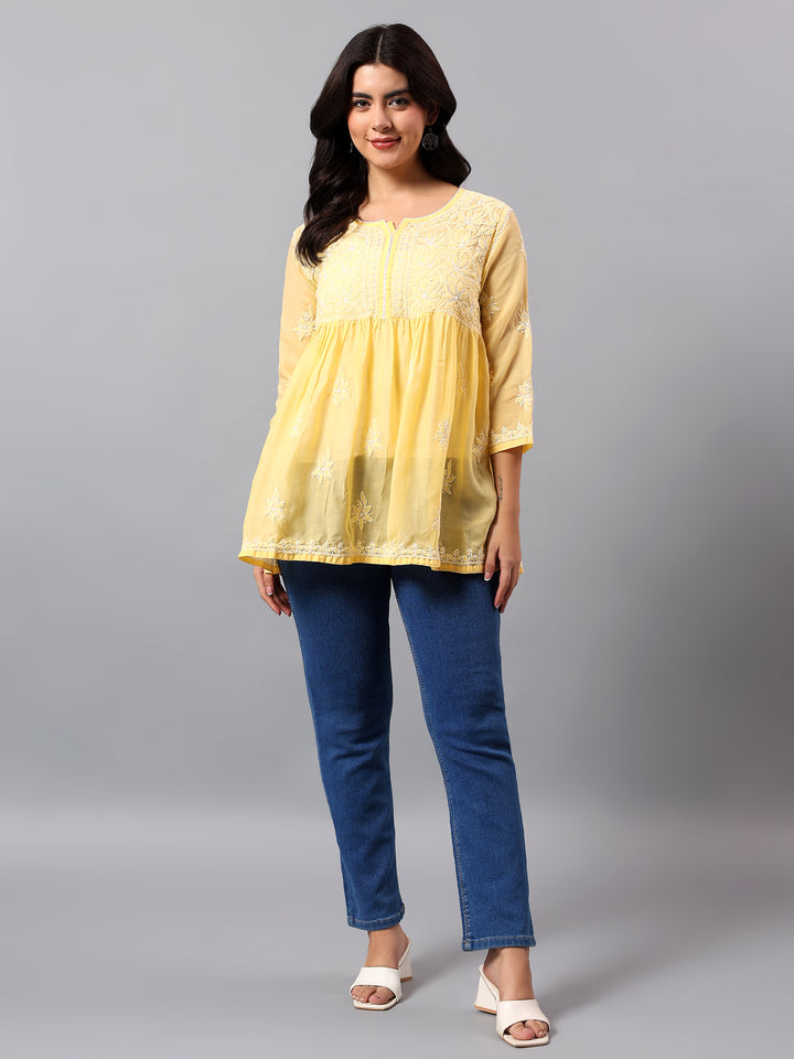 Yellow Terivoil Lucknowi Chikankari Tunic Only