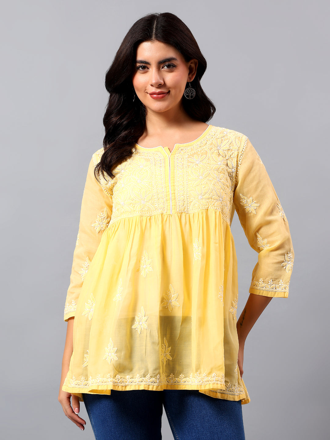 Yellow Terivoil Lucknowi Chikankari Tunic Only