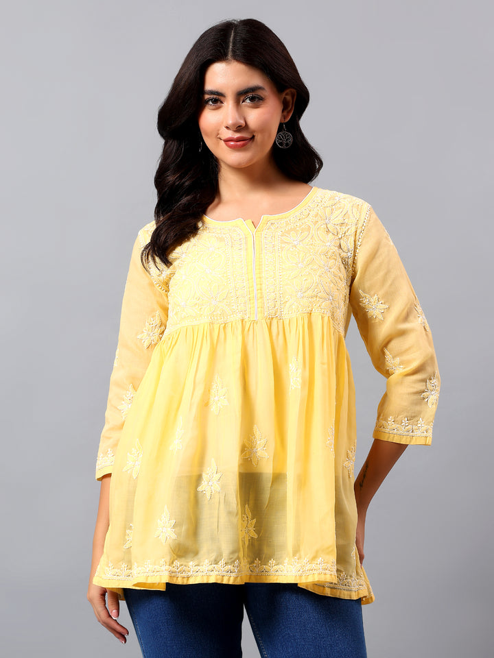 Yellow Terivoil Lucknowi Chikankari Tunic Only