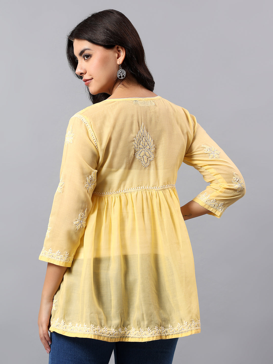 Yellow Terivoil Lucknowi Chikankari Tunic Only