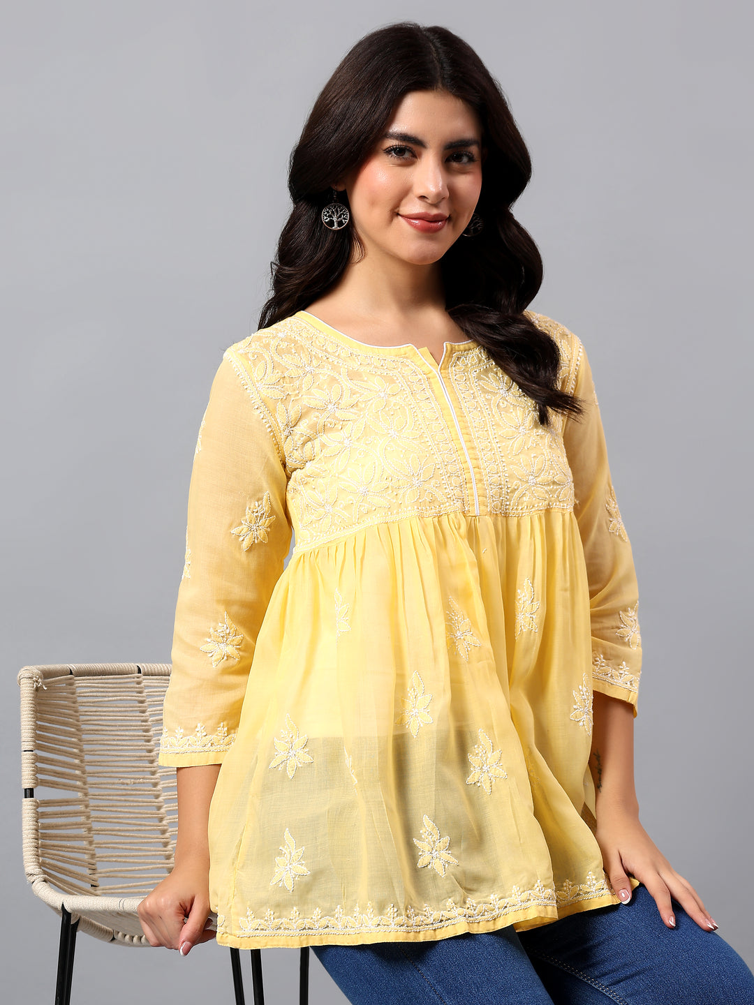 Yellow Terivoil Lucknowi Chikankari Tunic Only