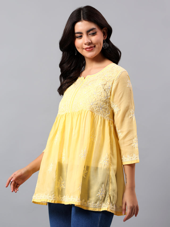 Yellow Terivoil Lucknowi Chikankari Tunic Only