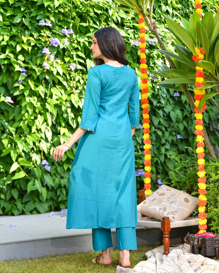 Sea Green Mirror Work 3-Piece Kurta Set