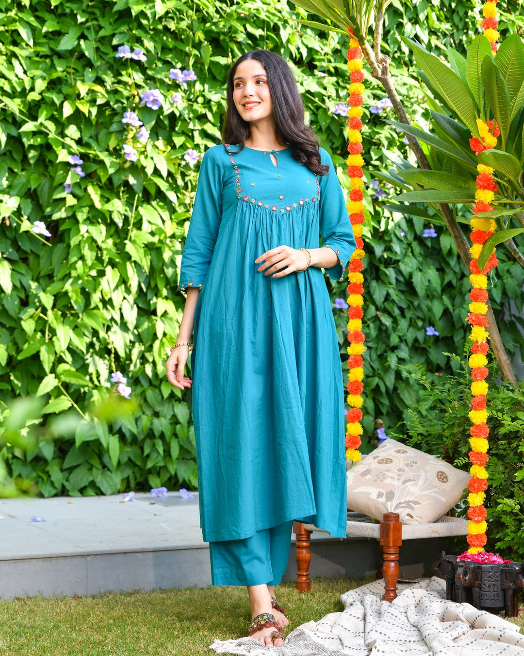 Sea Green Mirror Work 3-Piece Kurta Set