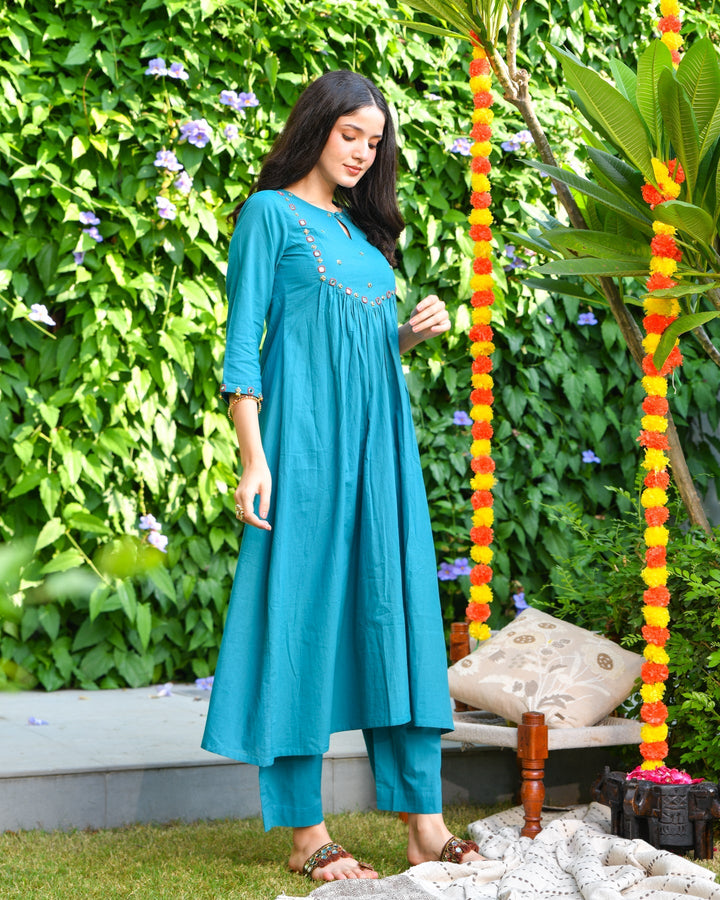 Sea Green Mirror Work 3-Piece Kurta Set