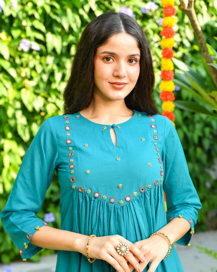 Sea Green Mirror Work 3-Piece Kurta Set