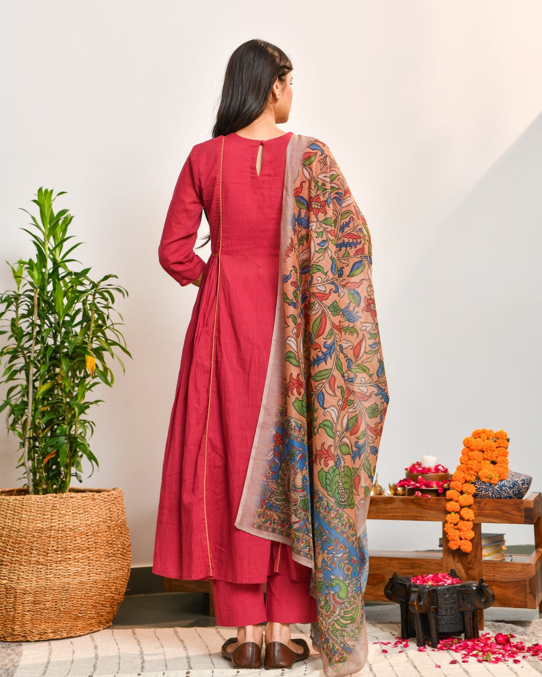 Red Cotton A-Line 3-Piece Kurta Set