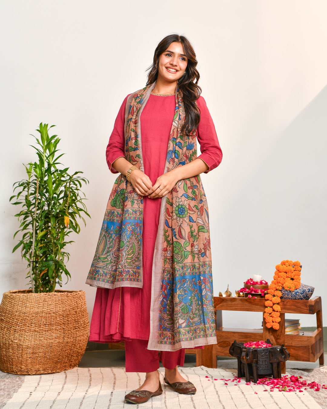 Red Cotton A-Line 3-Piece Kurta Set