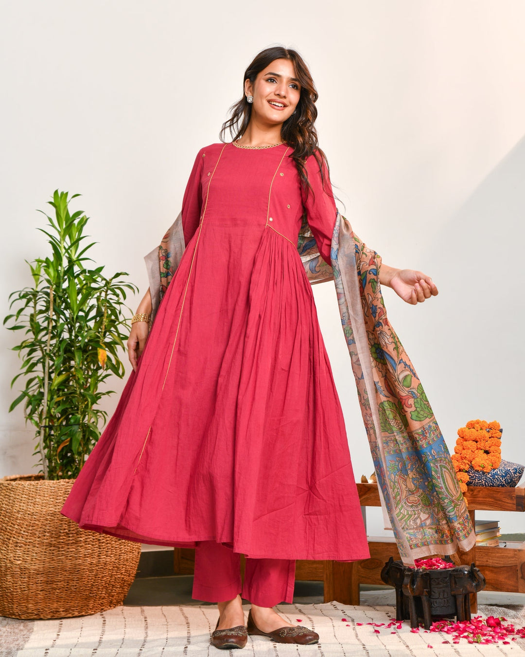 Red-Cotton-A-Line-3-Piece-Kurta-Set