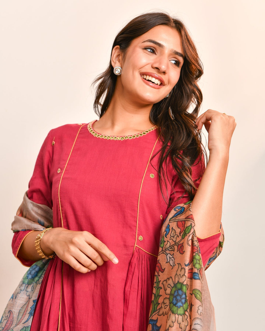 Red Cotton A-Line 3-Piece Kurta Set