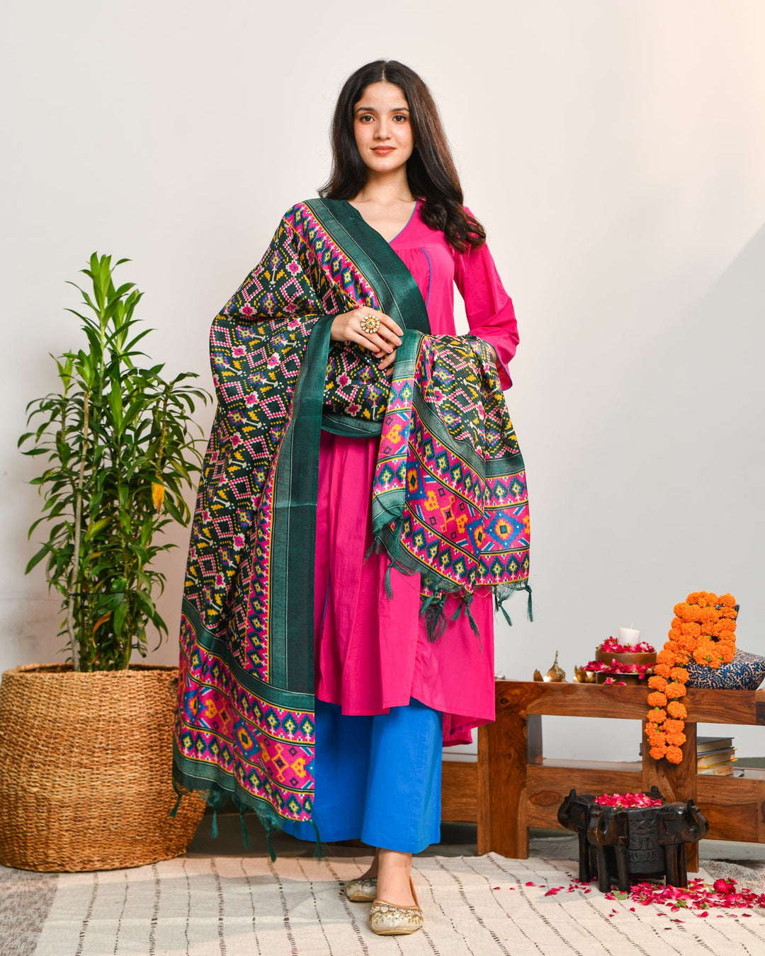Pink-Blue-Color-Block-3-Piece-Kurta-Set