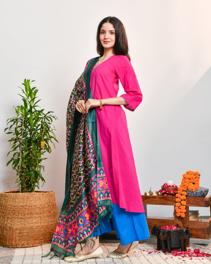 Pink-Blue-Color-Block-3-Piece-Kurta-Set