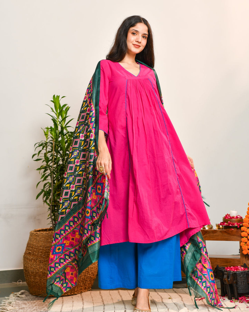 Pink-Blue-Color-Block-3-Piece-Kurta-Set