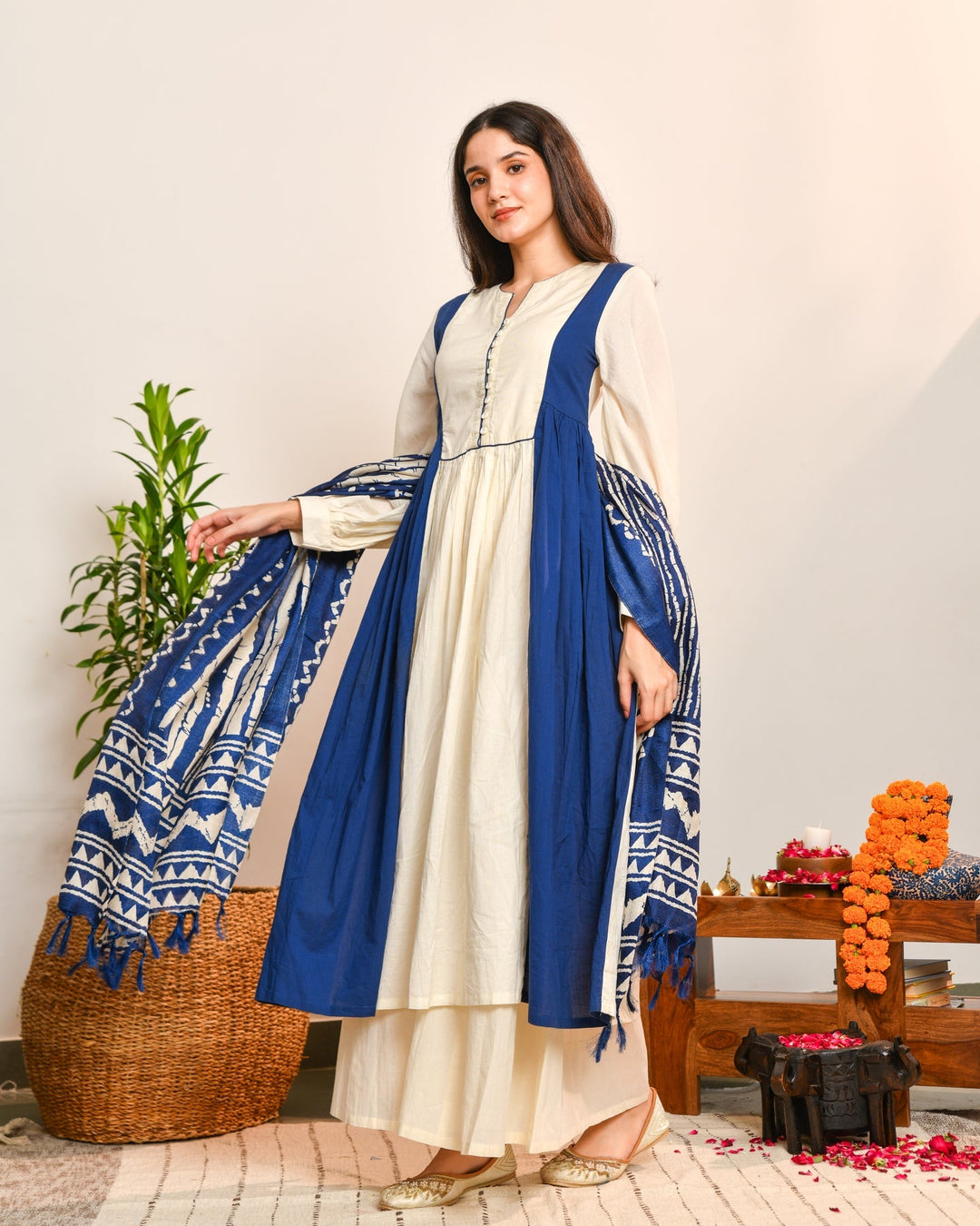 Ivory Blue Color Block 3-Piece Kurta Set