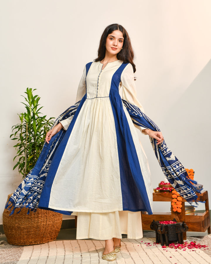Ivory Blue Color Block 3-Piece Kurta Set