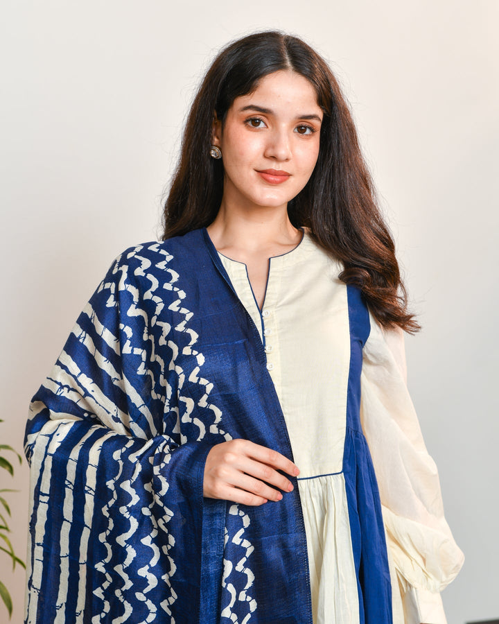 Ivory Blue Color Block 3-Piece Kurta Set