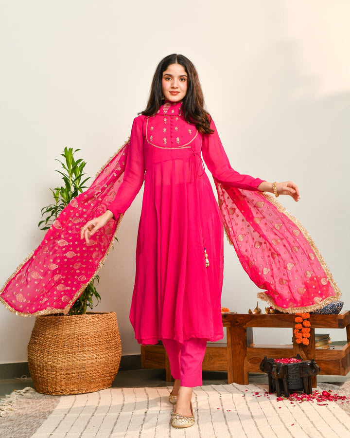 Pink Viscose Embroidered 3-Piece Kurta Set