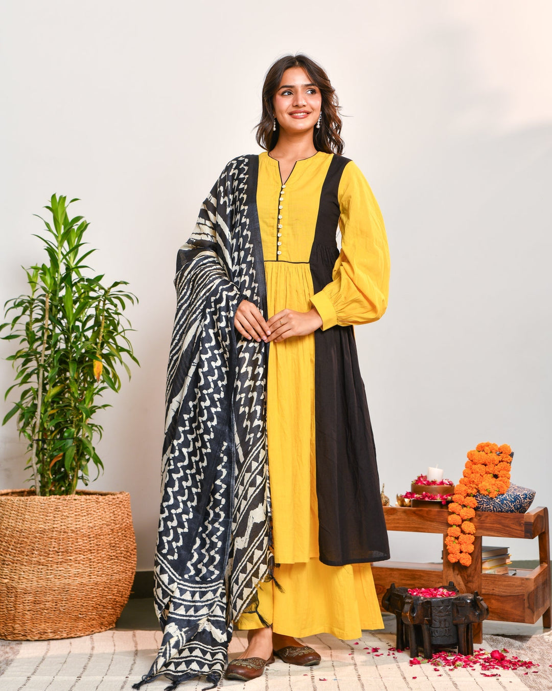 Mustard-Color-Block-3-Piece-Kurta-Set