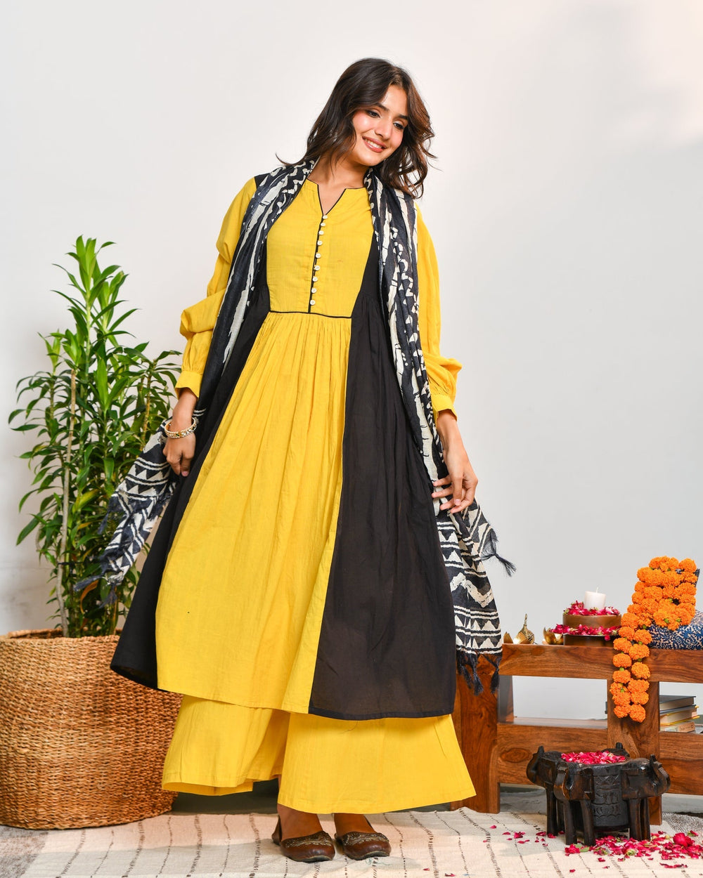 Mustard-Color-Block-3-Piece-Kurta-Set