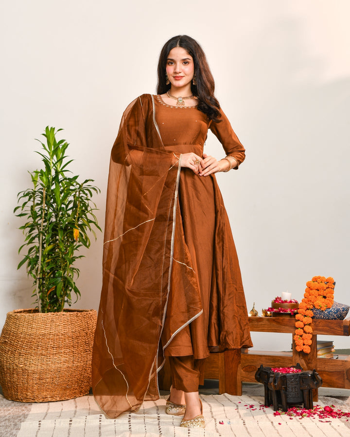 Brown Anarkali 3-Piece Set