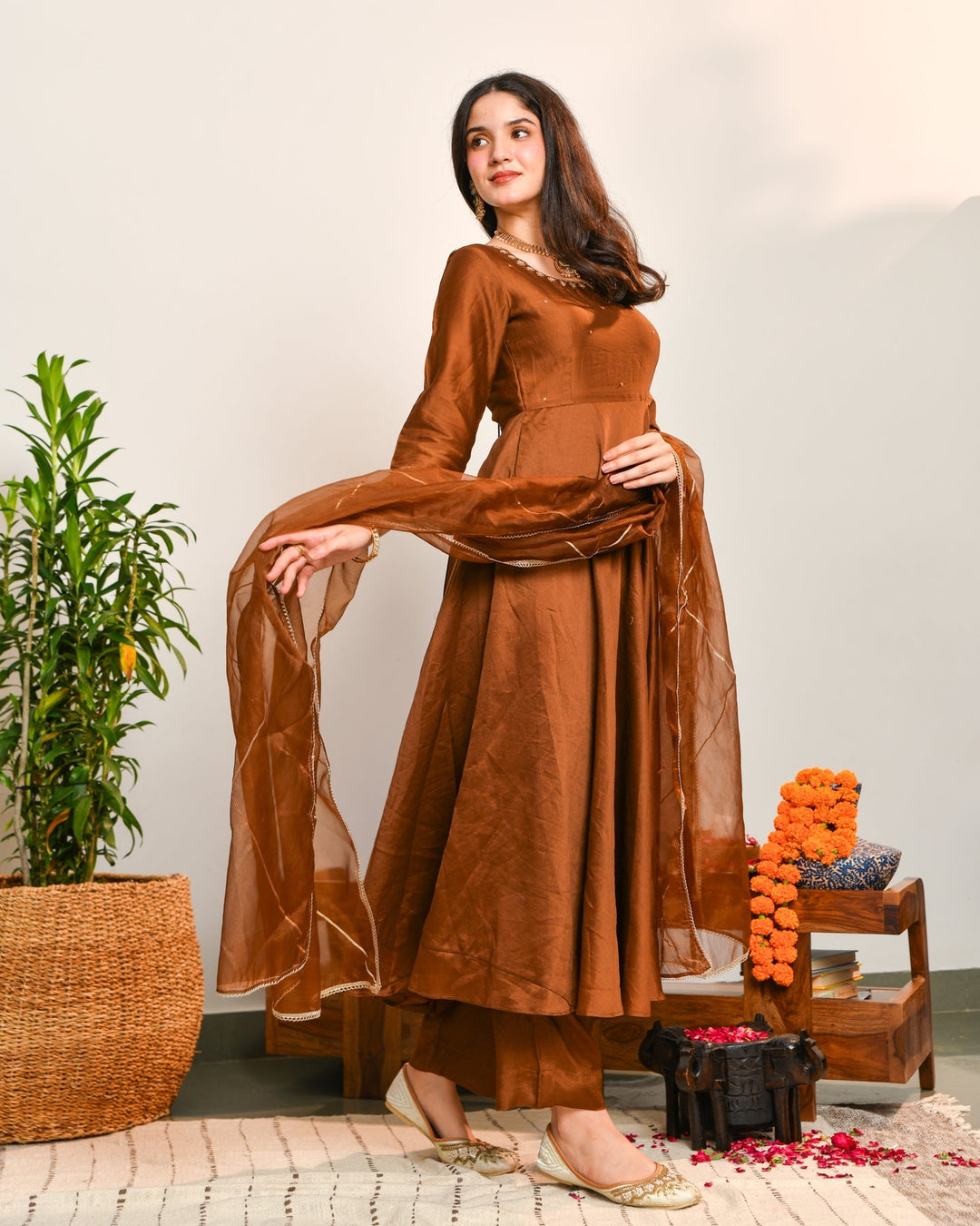 Brown Anarkali 3-Piece Set