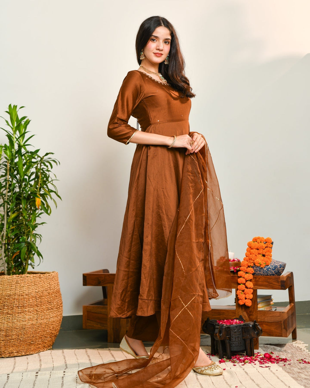 Brown Anarkali 3-Piece Set