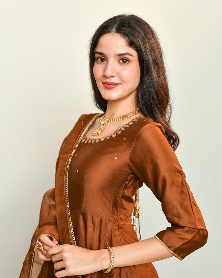 Brown Anarkali 3-Piece Set