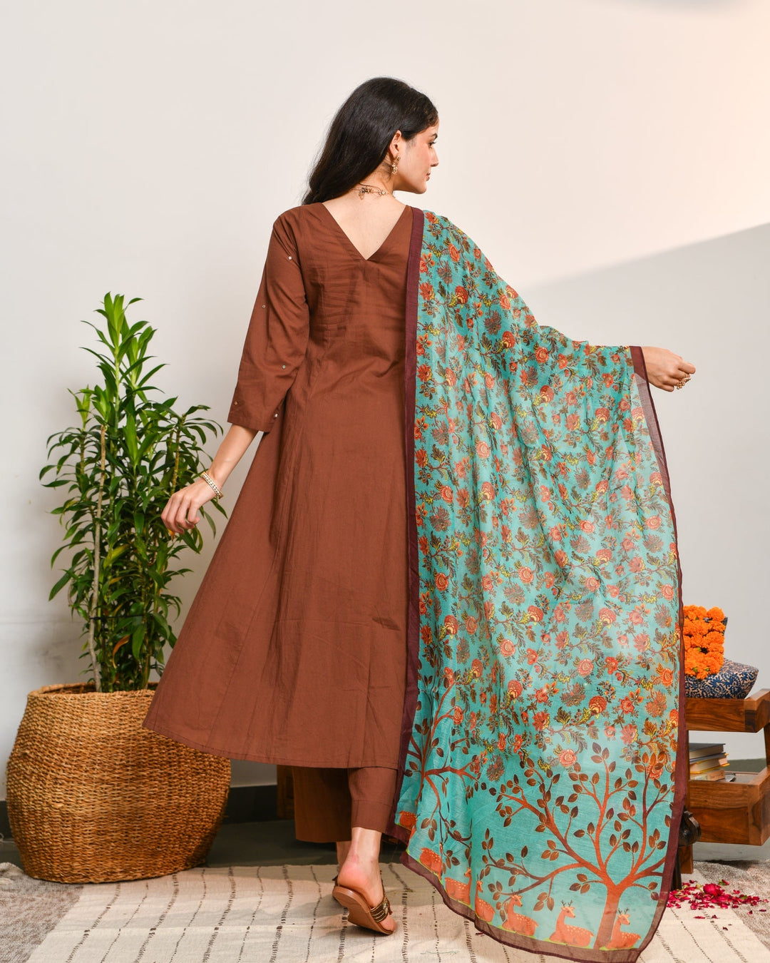 Brown A Line Cotton 3-Piece Kurta Set